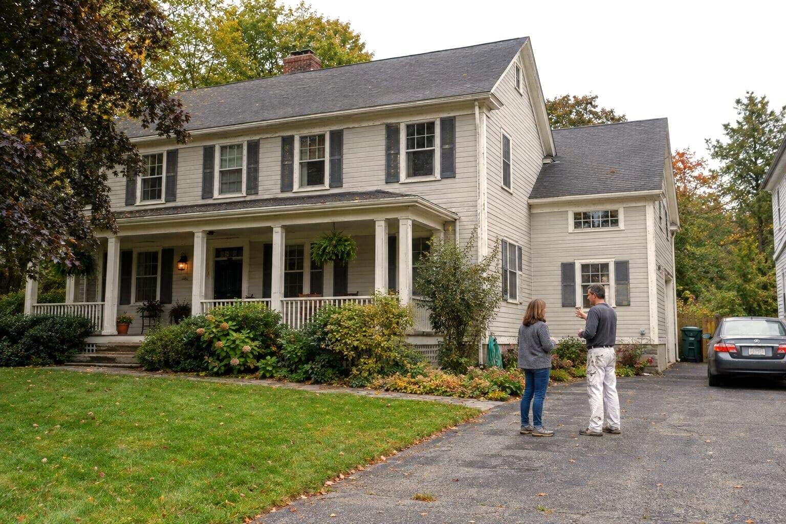 A house painter talking with a homeowner in the driveway of her white clapboard house