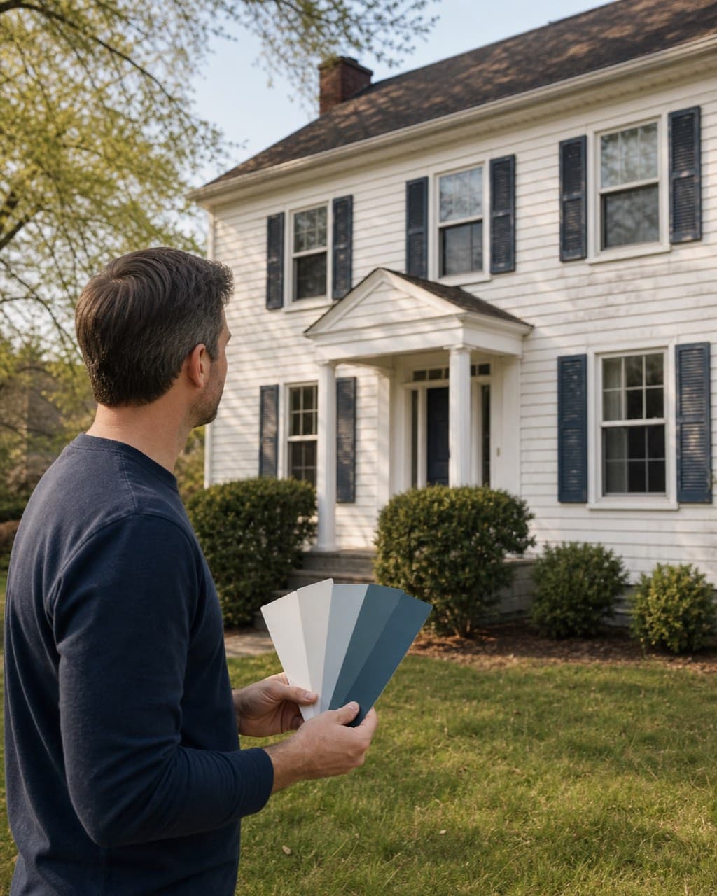 A homeowner stands on the lawn holding paint colour swatches, looking up at the weathered white siding of his two-storey colonial house.