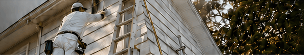 A residential painter working from a ladder on exterior siding